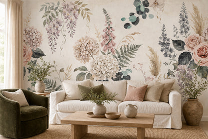 Cream Hydrangea and Rose Garden Wallpaper Mural - 1