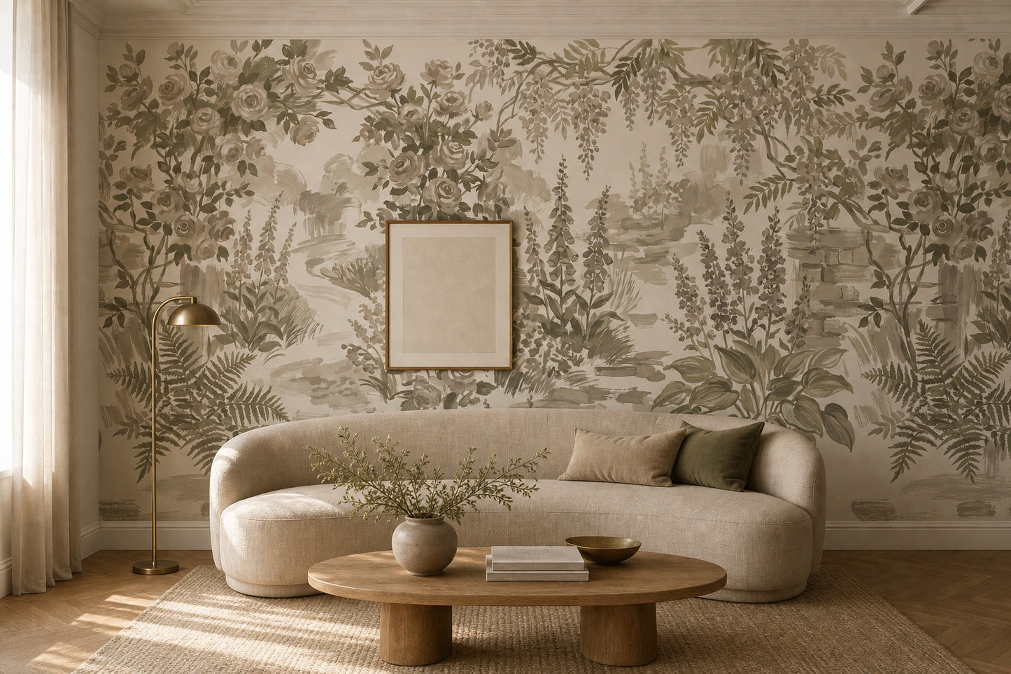 Olive Woodland Floral Garden Wallpaper Mural - 1
