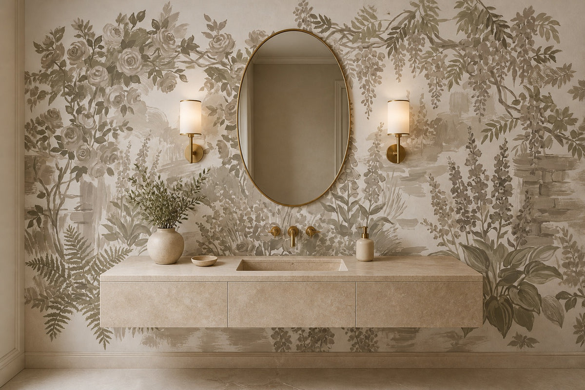 Olive Woodland Floral Garden Wallpaper Mural - 9