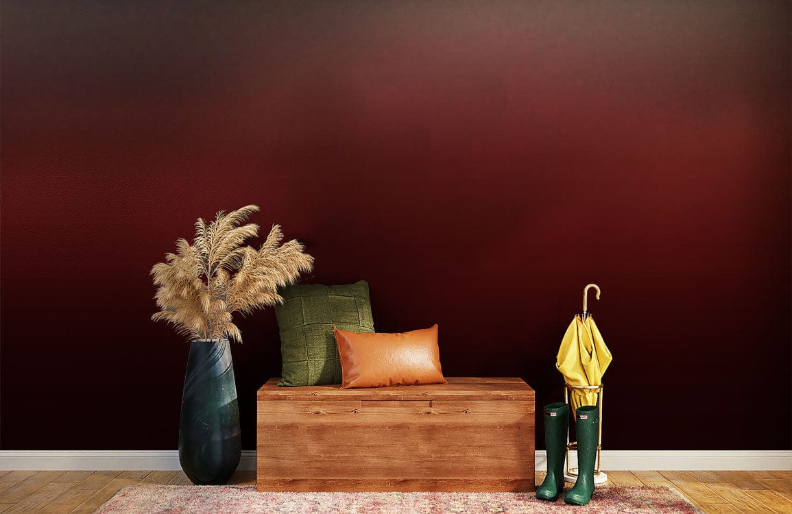 Elegant Red Gradient Ombre Wallpaper, stylish wooden bench, dark green boots, modern home decor accent.