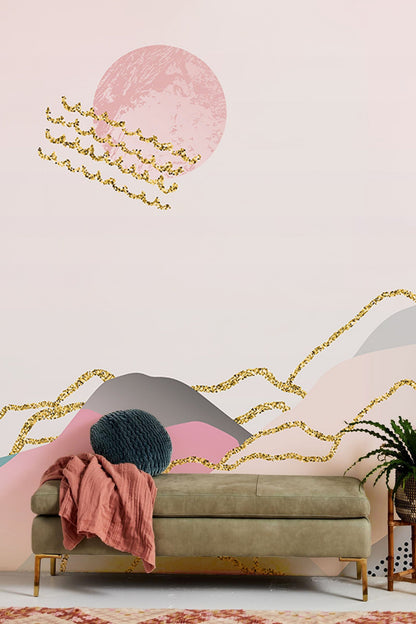 ombre pinky mountain with abstract lines wall murals for hallway decoration