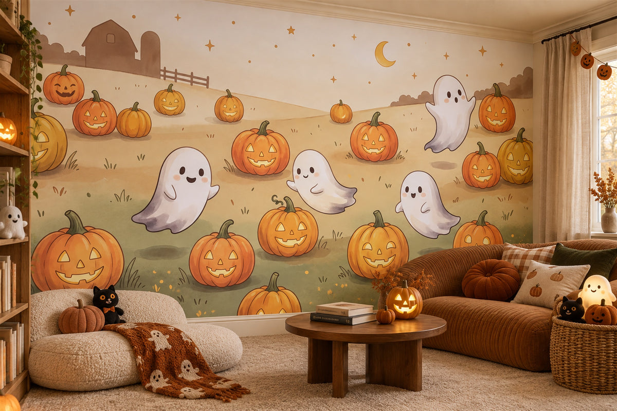 Smiling Ghosts and Jack O Lanterns in Field Halloween Wallpaper Mural - image 4