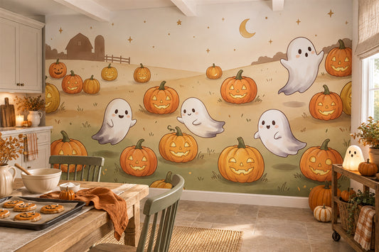Smiling Ghosts and Jack O Lanterns in Field Halloween Wallpaper Mural - image 1