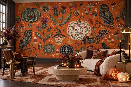Owls Pumpkins and Mushrooms Halloween Wallpaper Mural - image 1