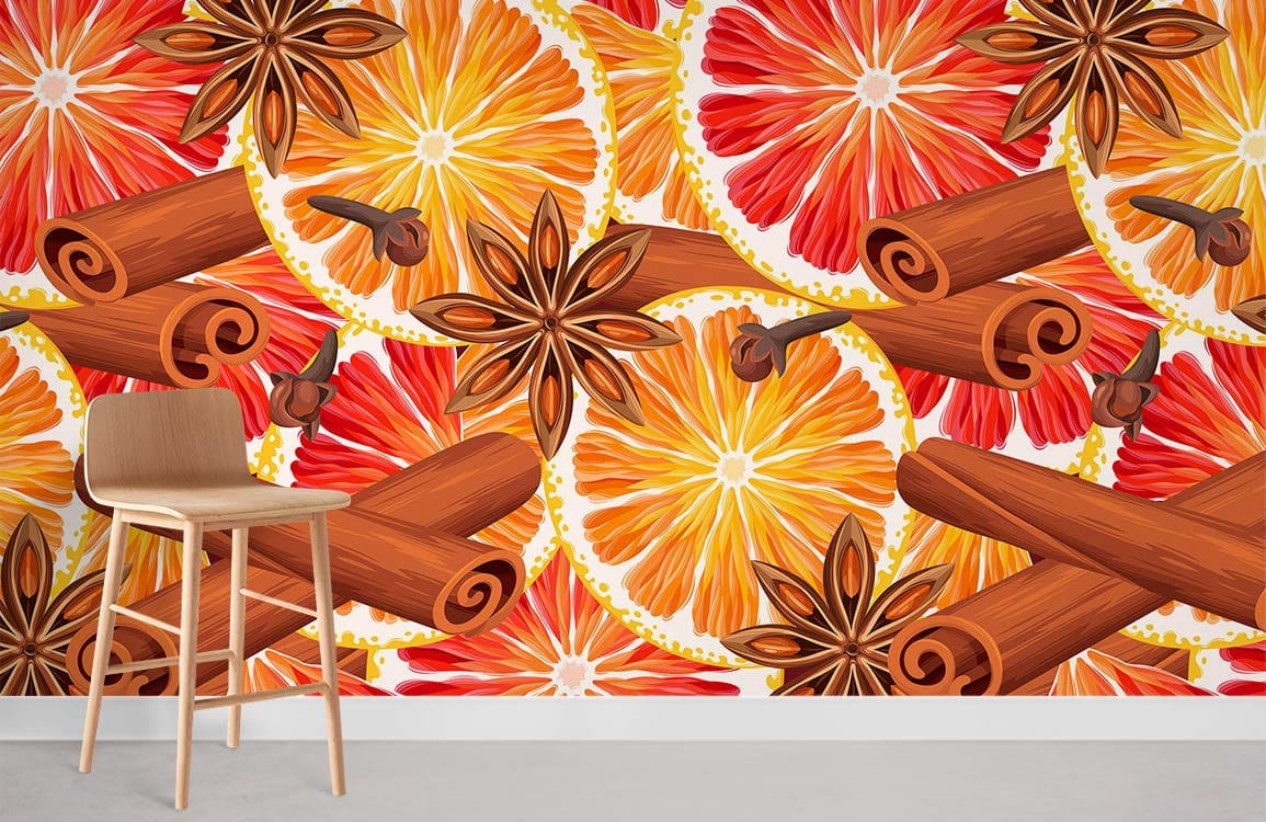 Spicy Cinnamon Citrus Floral Mural Wallpaper