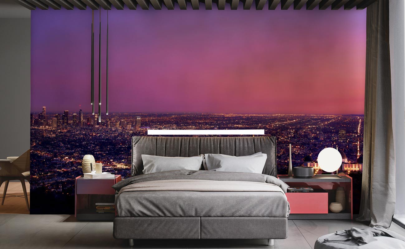 Purple Sunset Cityscape Mural Wallpaper