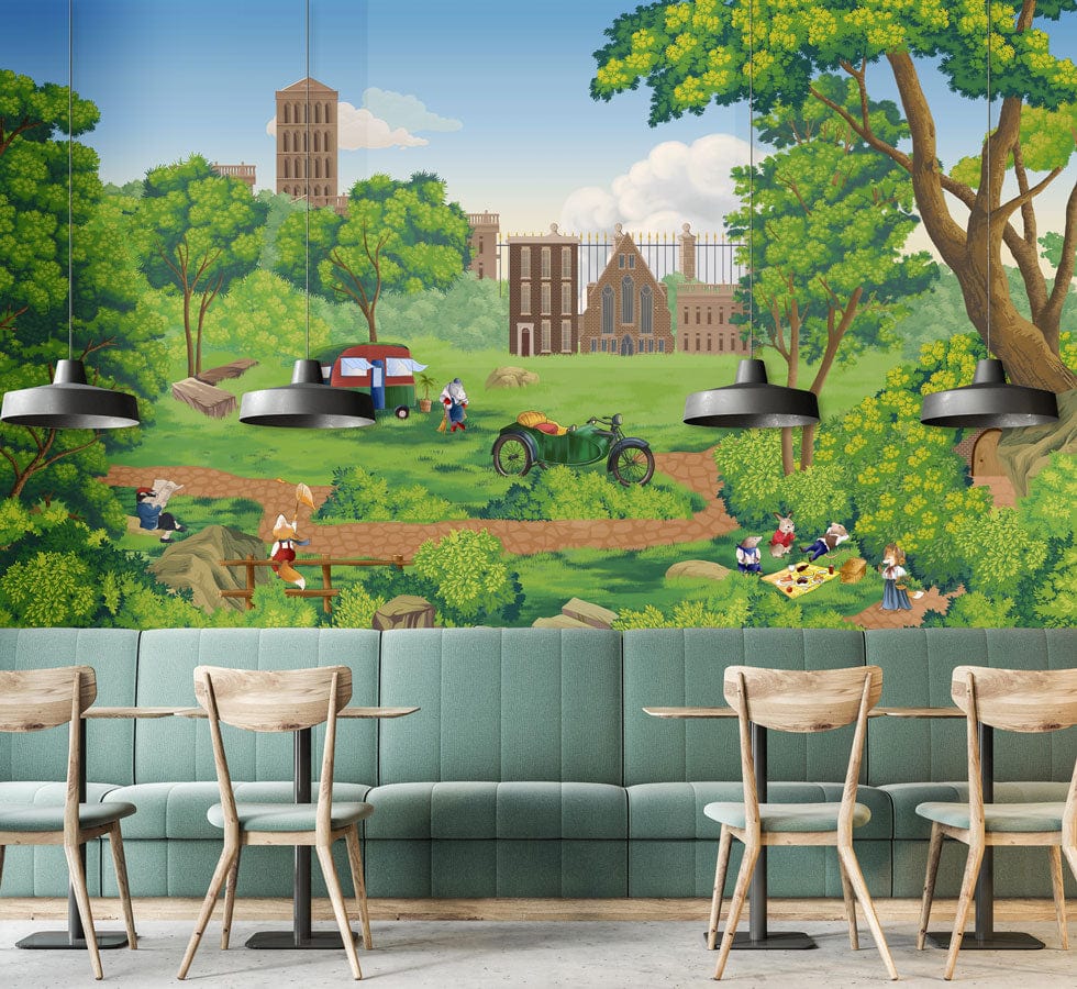 Vintage Picnic Park Scenic Mural Wallpaper