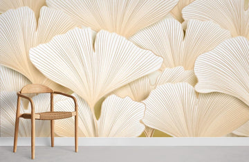 Beige Abstract Ginkgo Leaf Mural Wallpaper