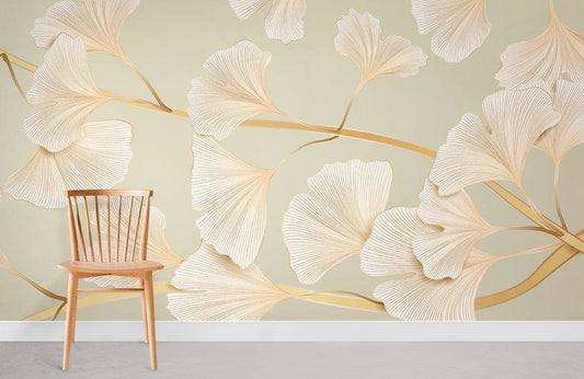 Elegant beige botanical wallpaper with ginkgo leaf design, wooden chair, grey flooring in contemporary setting.