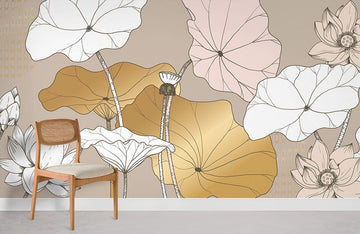 Modern Gold Floral Botanical Mural Wallpaper