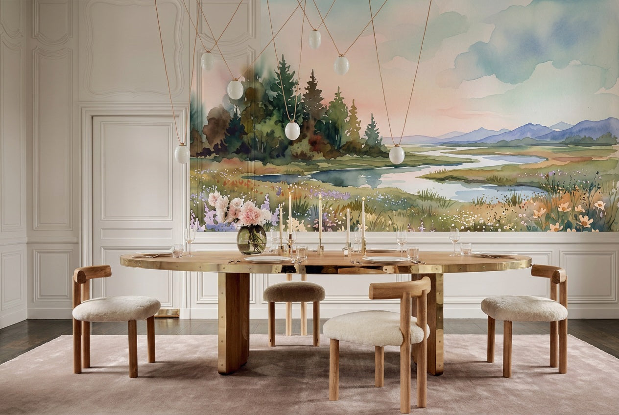 Pastel Meadow River Wallpaper Mural - 1