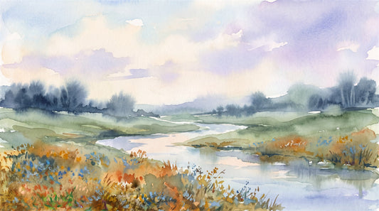 Pastel Watercolor River Meadow Wallpaper Mural - 2
