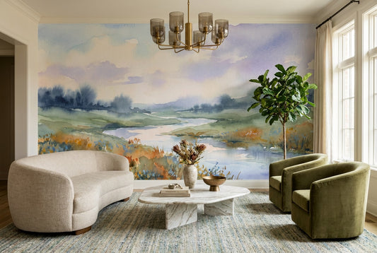 Pastel Watercolor River Meadow Wallpaper Mural - 1