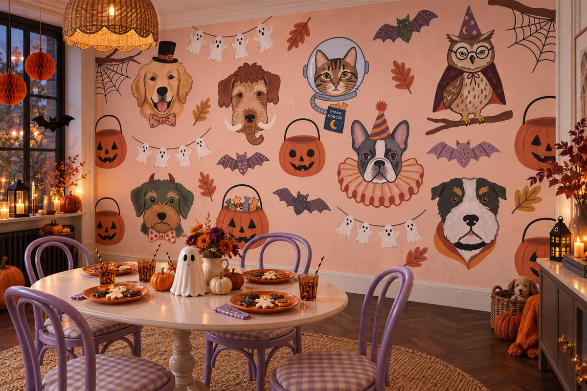 Halloween Dogs Cats Owls and Pumpkins Wallpaper Mural - image 3