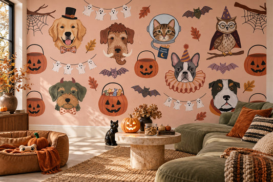 Halloween Dogs Cats Owls and Pumpkins Wallpaper Mural - image 1