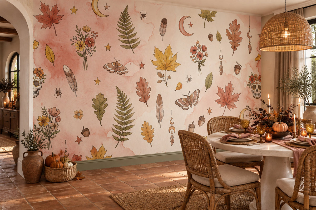 Autumn Leaves Ferns Moths and Celestial Charms Halloween Wallpaper Mural - image 1