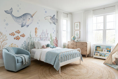 Blue Narwhal Reef Wallpaper Mural view 5