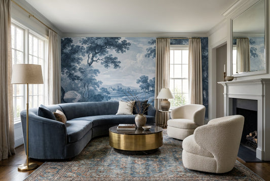 Blue Toile Lake Landscape Wallpaper Mural - 1