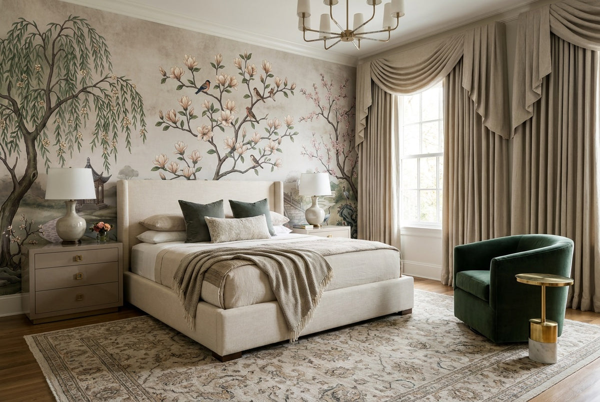 Ivory Magnolia Tree Chinoiserie Wallpaper Mural - 4