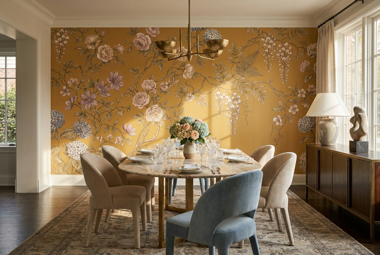 Ochre Floral Chinoiserie Wallpaper Mural - 1