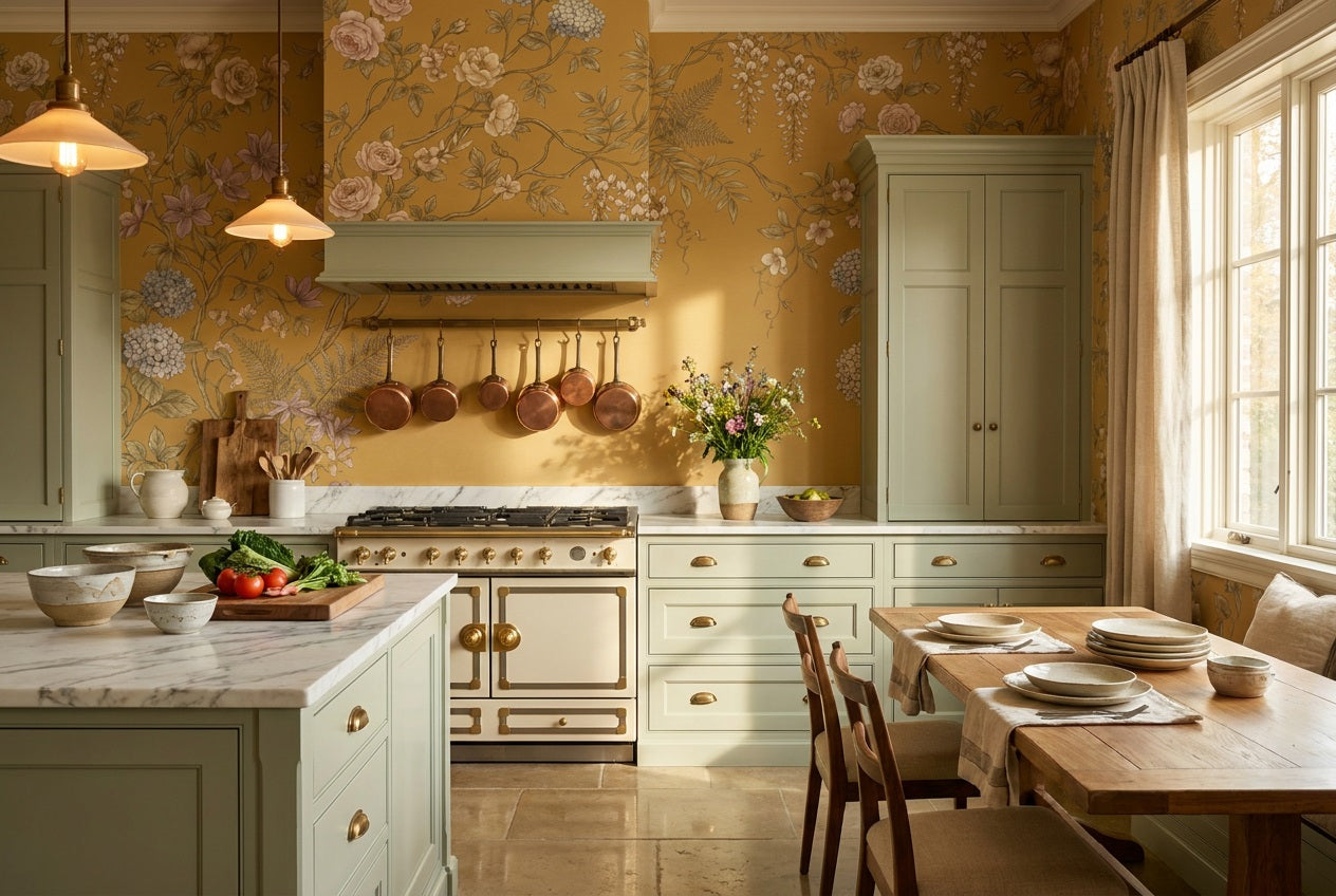 Ochre Floral Chinoiserie Wallpaper Mural - 4