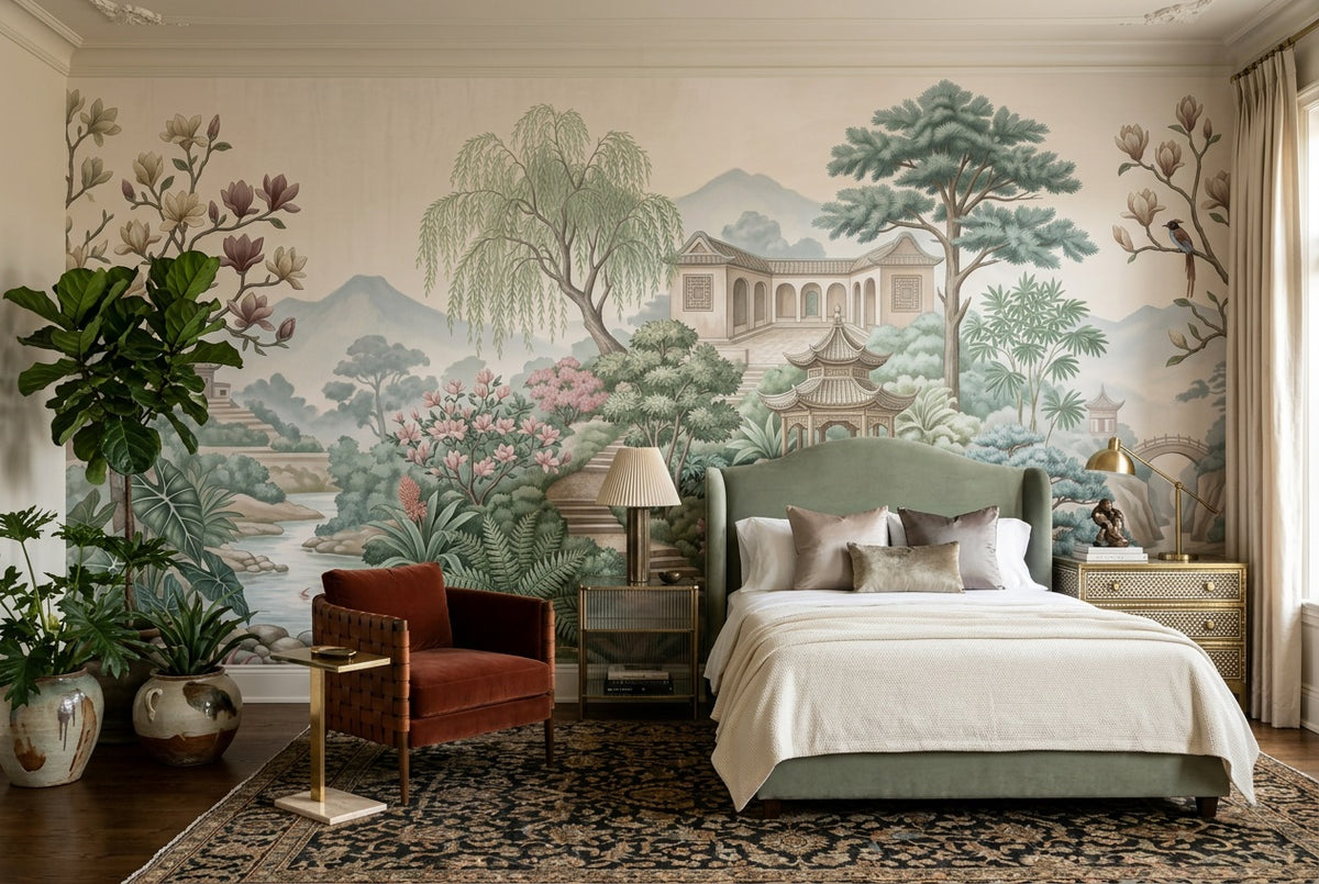 Pastel Chinese Garden Chinoiserie Wallpaper Mural - 4