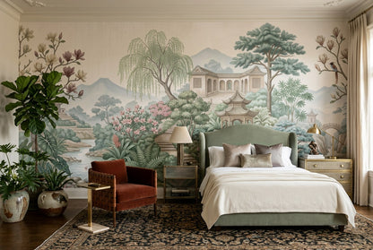Pastel Chinese Garden Chinoiserie Wallpaper Mural - 4