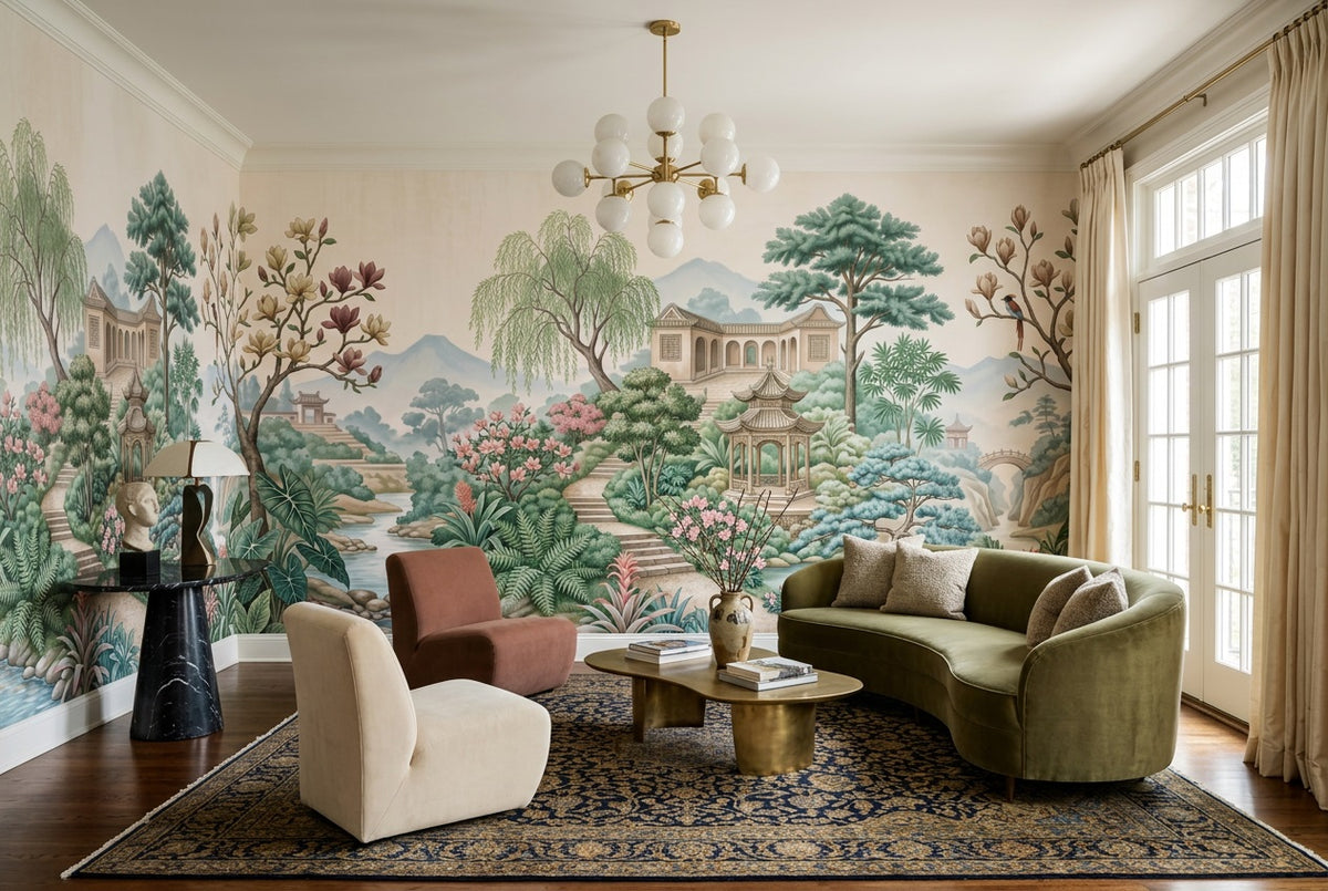 Pastel Chinese Garden Chinoiserie Wallpaper Mural - 6