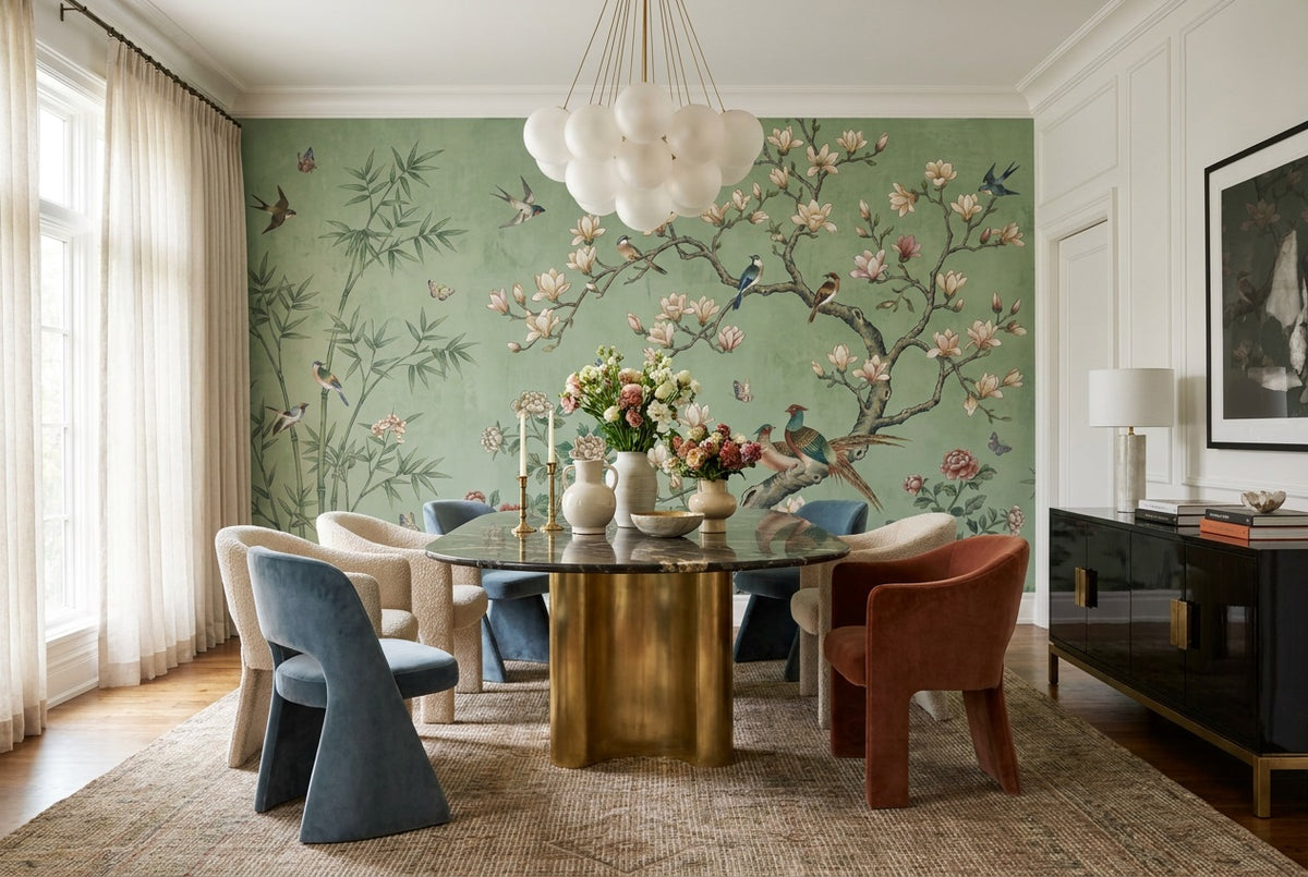 Sage Magnolia Birds Chinoiserie Wallpaper Mural - 1
