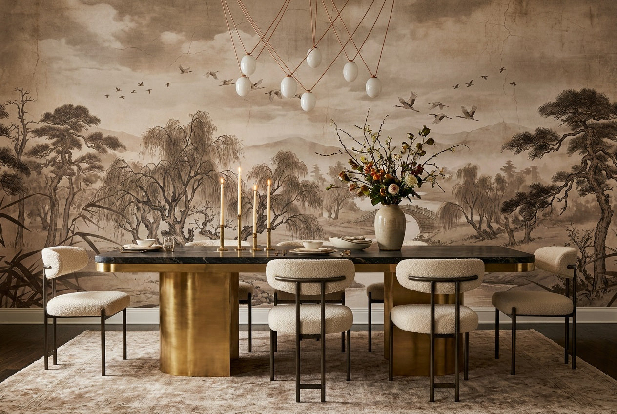 Taupe Ink River Landscape Wallpaper Mural - 3