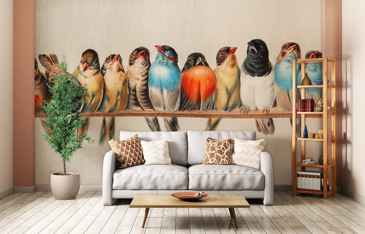 Colorful Perched Bird Row Mural Wallpaper