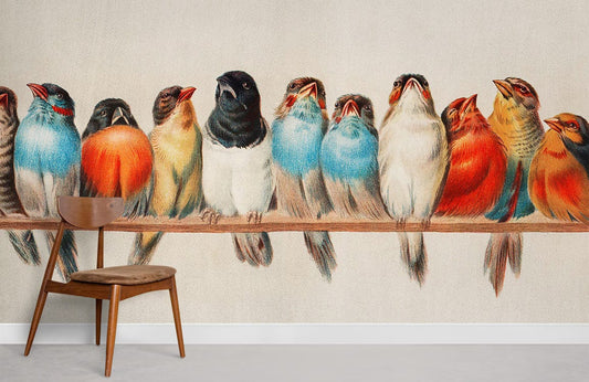 Colorful Perched Bird Row Mural Wallpaper