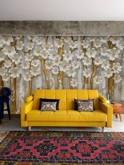 Golden Bloom Forest Mural Wallpaper in living room