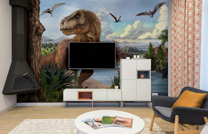 Dinosaur Adventure Prehistoric Landscape Wallpaper in living room