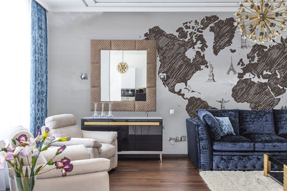 World Sketch Map Wallpaper Art in living room