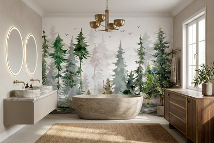 Fresh Green Watercolor Pine Tree Wallpaper Mural interior setting
