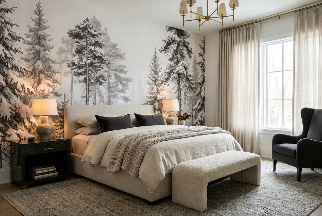 White Winter Pine Forest Wallpaper Mural interior setting
