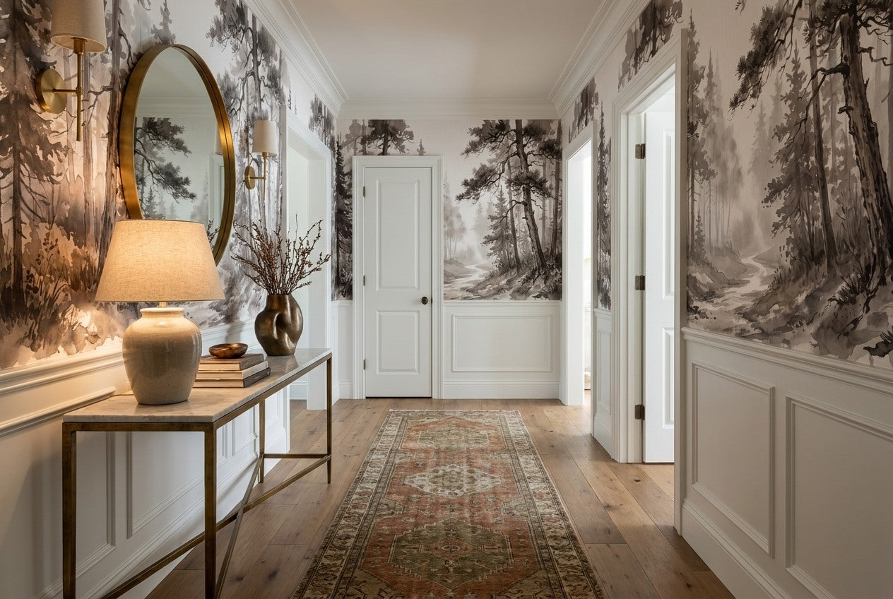 Brown Ink Pine Forest Wallpaper Mural interior setting