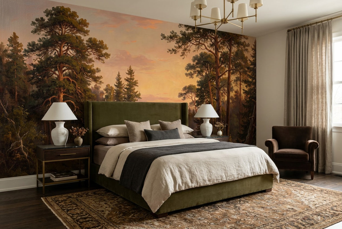 Olive Golden Pine Landscape Wallpaper Mural interior setting
