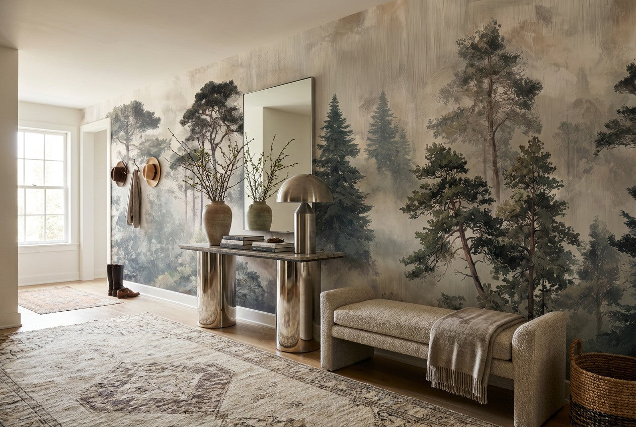 Misty Gray Woodland Pine Tree Wallpaper Mural interior setting