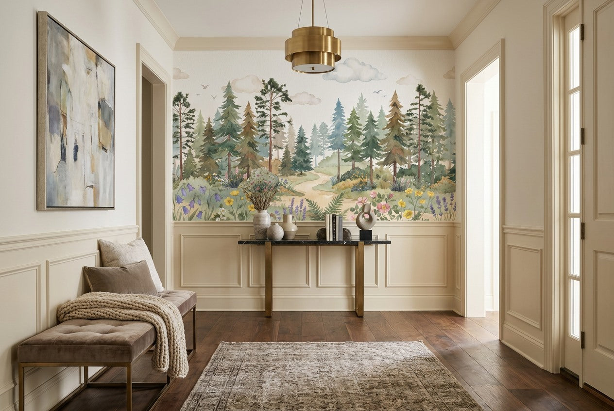 Green Meadow Pine Tree Wallpaper Mural interior setting
