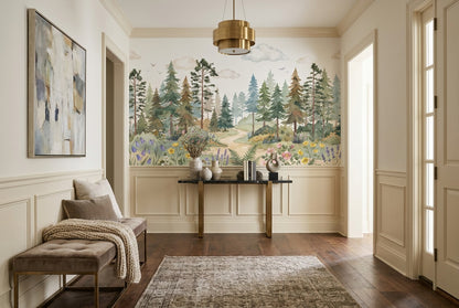 Green Meadow Pine Tree Wallpaper Mural interior setting