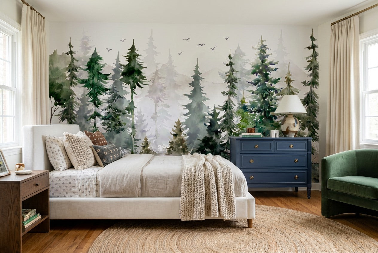 Fresh Green Watercolor Pine Tree Wallpaper Mural interior setting