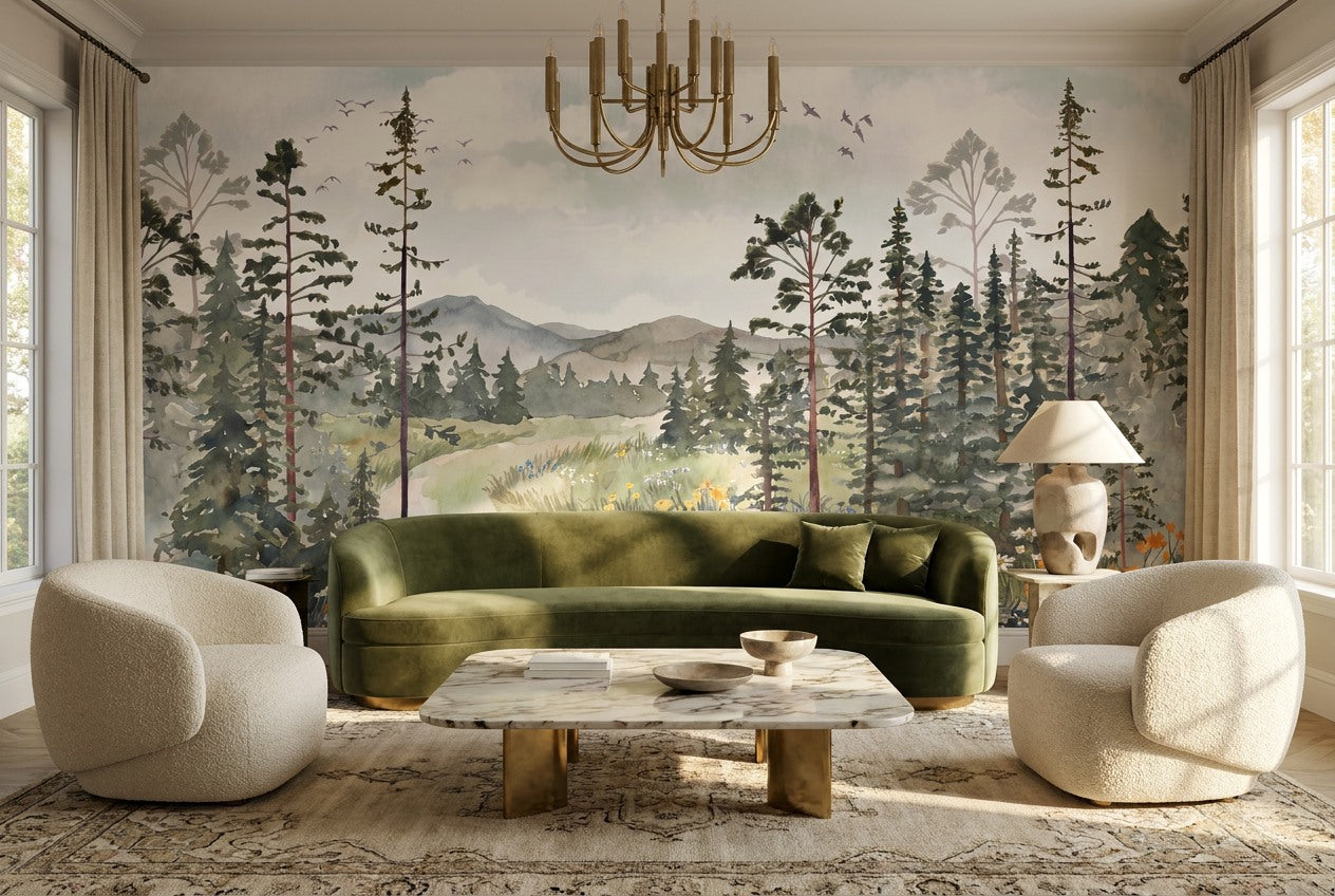 Emerald Meadow Pine Tree Wallpaper Mural room scene