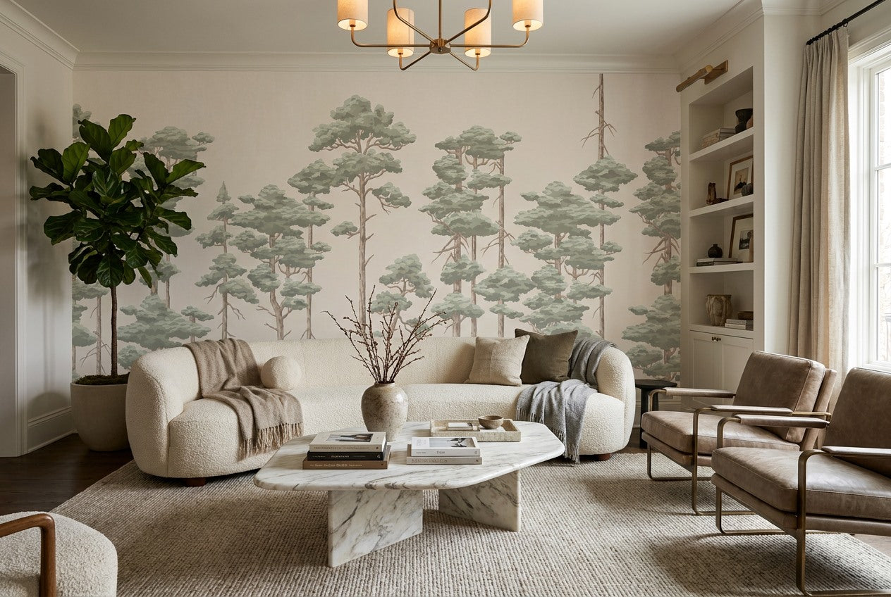 Sage Minimal Pine Tree Wallpaper Mural room scene