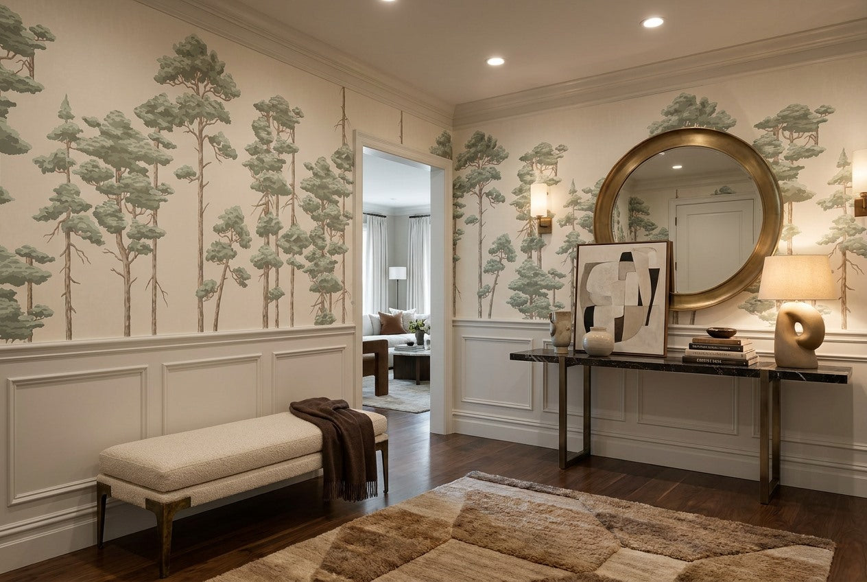 Sage Minimal Pine Tree Wallpaper Mural interior setting