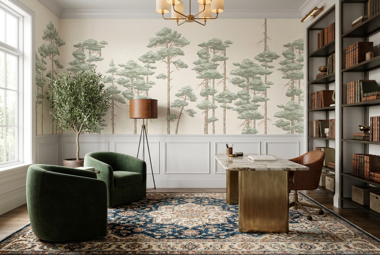 Sage Minimal Pine Tree Wallpaper Mural interior setting