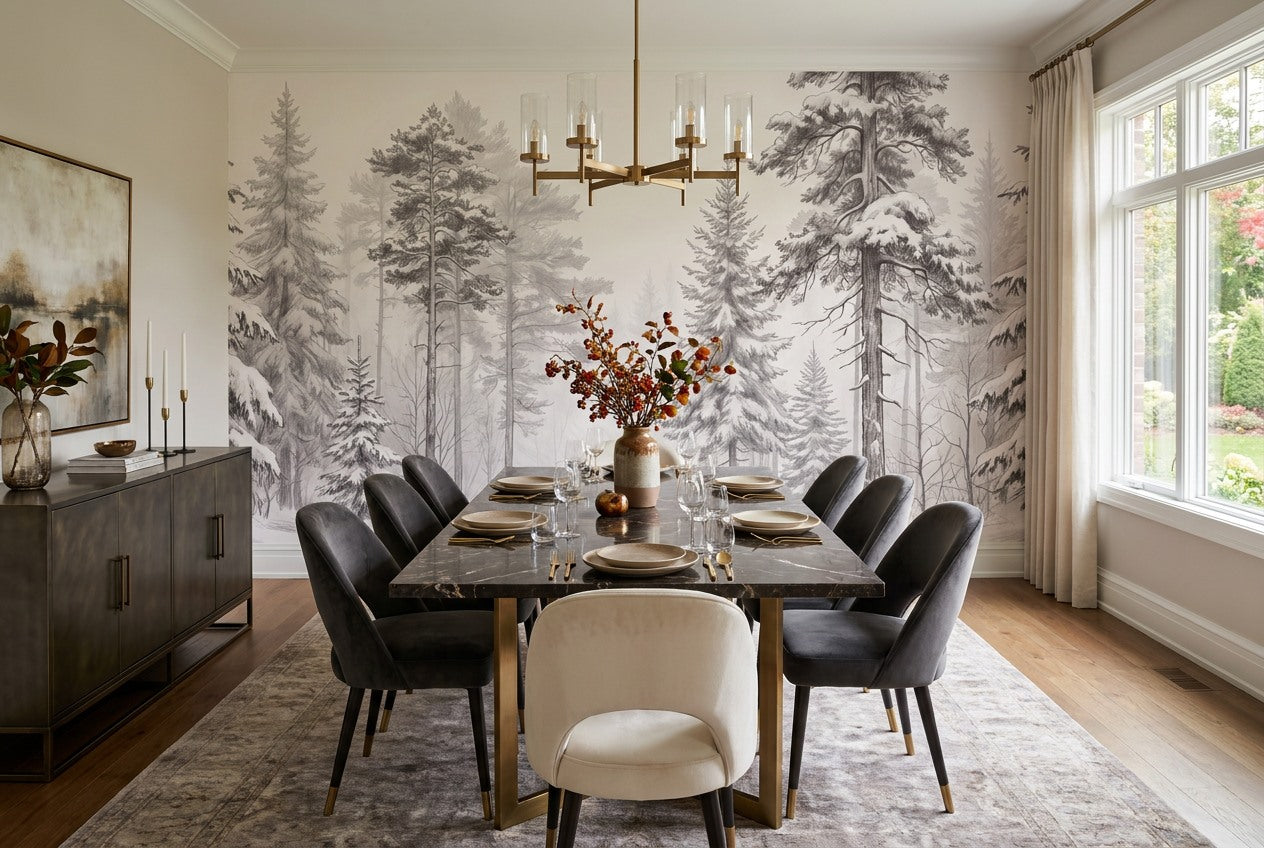 White Winter Pine Forest Wallpaper Mural interior setting
