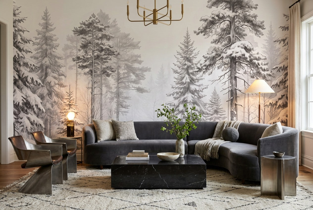 White Winter Pine Forest Wallpaper Mural room scene