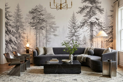 White Winter Pine Forest Wallpaper Mural room scene